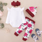 Baby Clothes Baby Romper Text And Rose Print Hoodie 4PCS Long Sleeve Trousers Suit Hat Included MO32107159