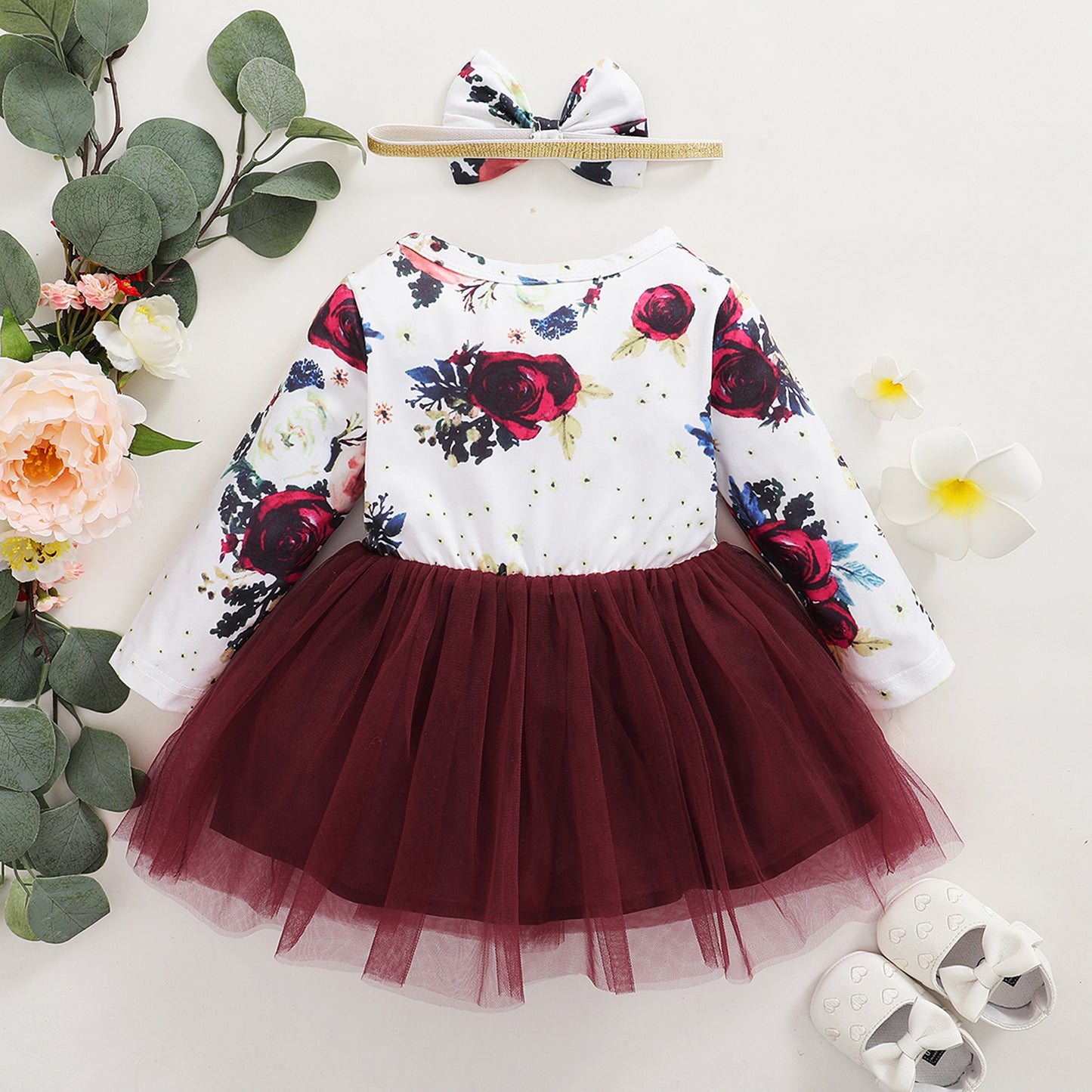 Baby Girls Outfits Floral Print Splice Gauze Dress Headband 2Pcs Clothes YMX2010254