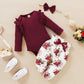 Baby Girls Outfits Red Color Romper Top Rose Print Pants Headband 3Pcs Winter Clothes Set MOYMX2006064-3
