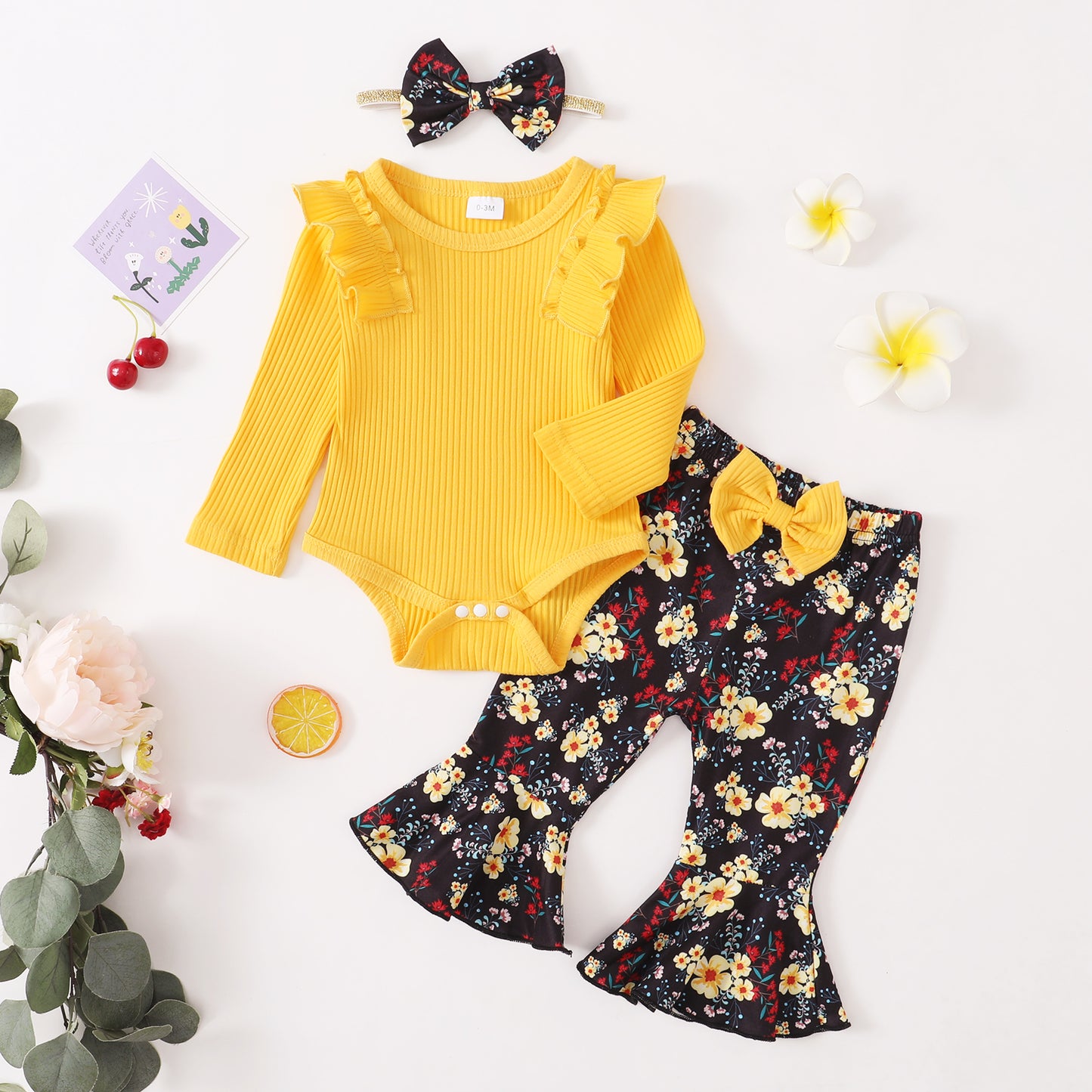 Baby Girls Outfits Solid Color Romper Top Sunflower Print Pants Headband 3Pcs Winter Clothes Set 32110704