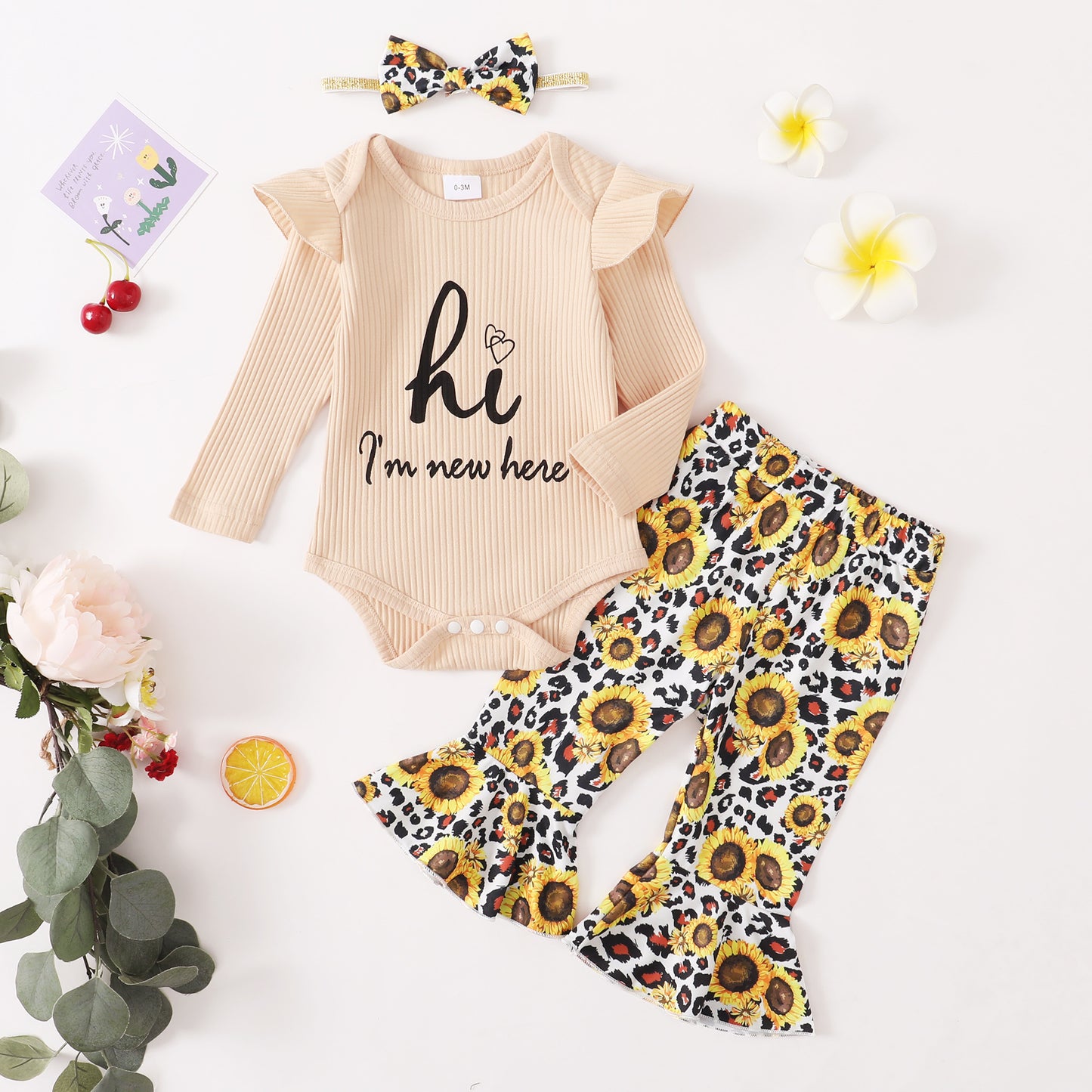 Baby Girls Outfits Solid Color Romper Top Sunflower Print Pants Headband 3Pcs Winter Clothes Set F132111601
