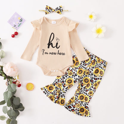 Baby Girls Outfits Khaki Color Romper Top Sunflower Print Pants Headband 3Pcs Winter Clothes Set DU32106022