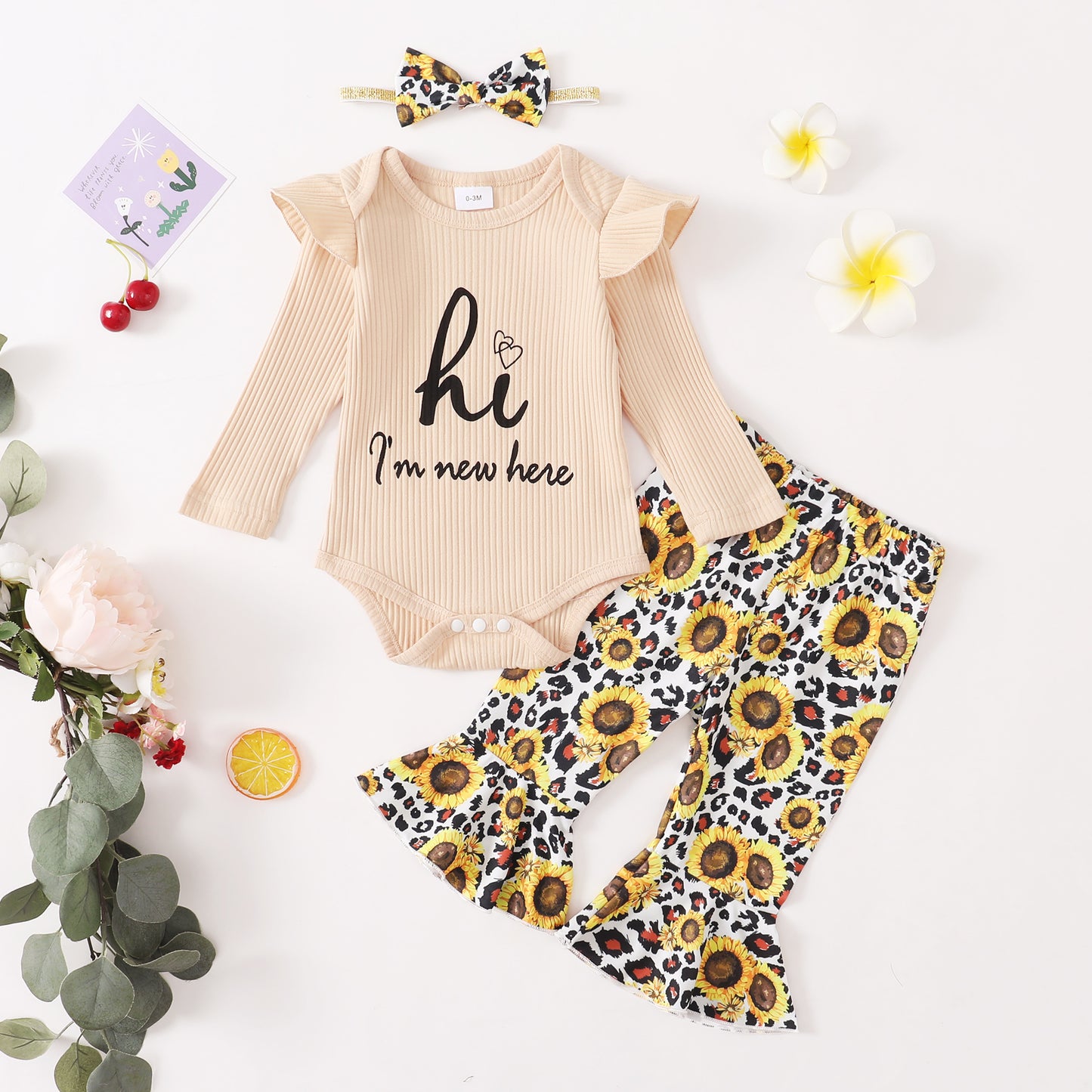 Baby Girls Outfits Solid Color Romper Top Sunflower Print Pants Headband 3Pcs Winter Clothes Set F132111601