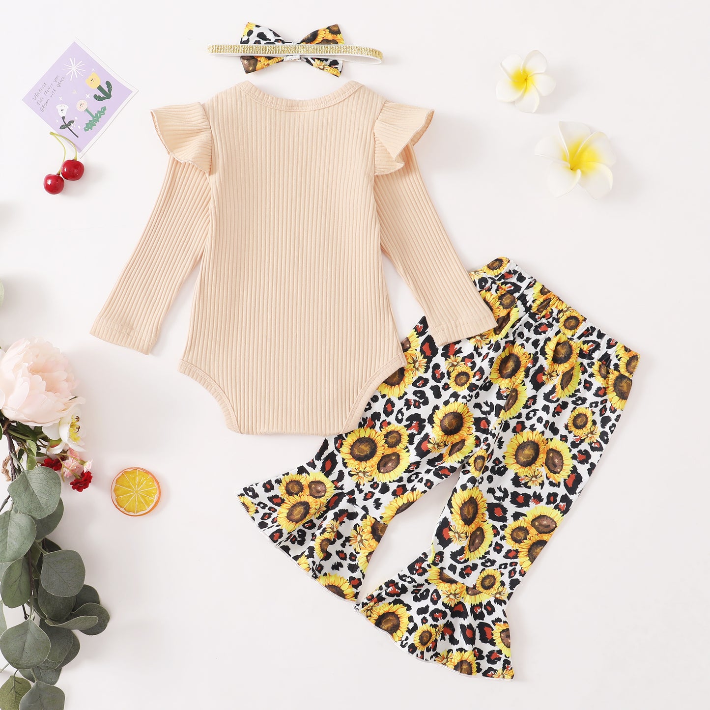 Baby Girls Outfits Solid Color Romper Top Sunflower Print Pants Headband 3Pcs Winter Clothes Set F132111601