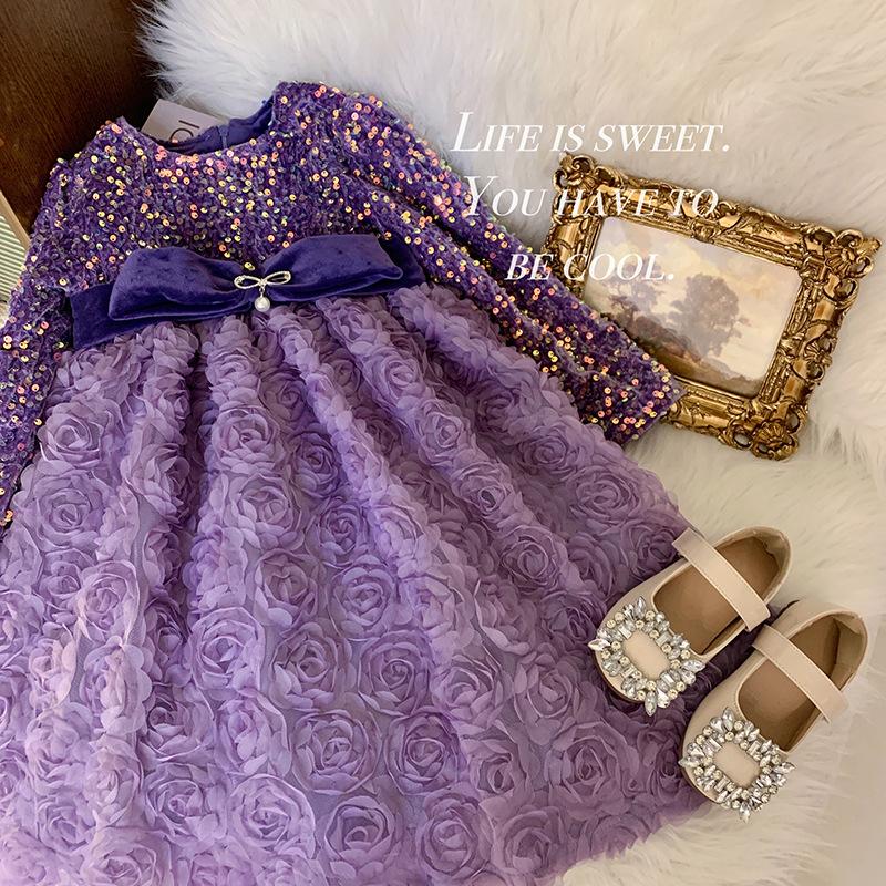 Baby Girls princess Dress Fashionable Dress Little Girl Sequin Plush Dress Purple 800029