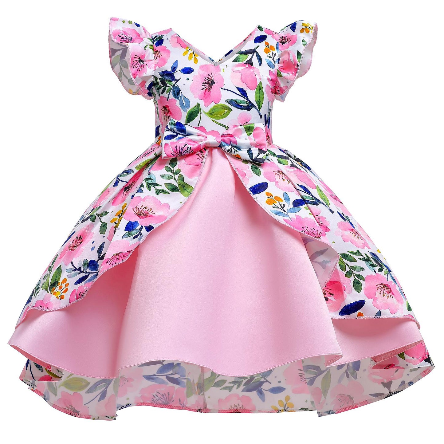 Girls Dress Pink Floral Print Children's Clothing Children's Dress Flying Sleeve Children's Princess Dress 8310