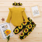 Baby Girls Outfits Solid Color Romper Top Sunflower Print Pants Headband 3Pcs Winter Clothes Set YMX2009208