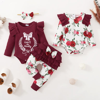 Baby Girls Outfits Red Color Romper Top Rose Print Pants Headband 4Pcs Winter Clothes Set KM32107017