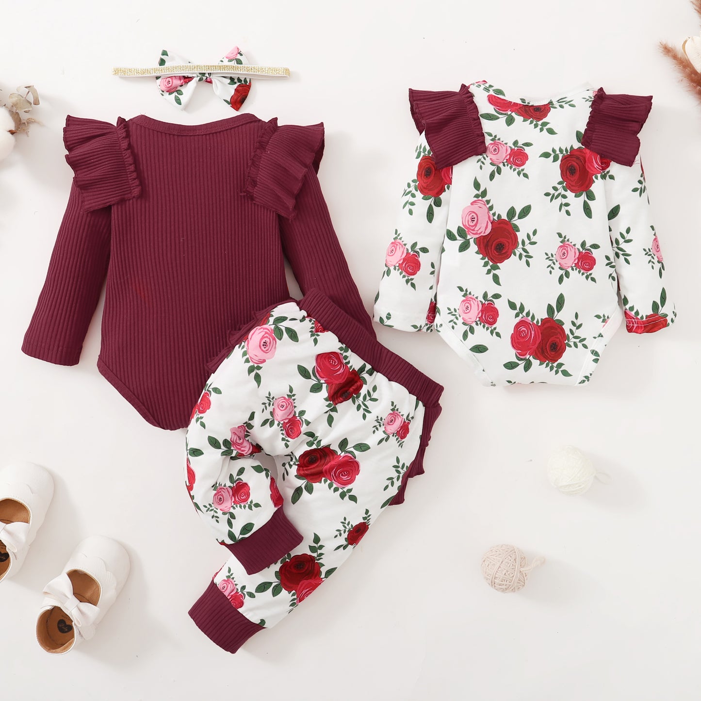 Baby Girls Outfits Red Color Romper Top Rose Print Pants Headband 4Pcs Winter Clothes Set KM32107017
