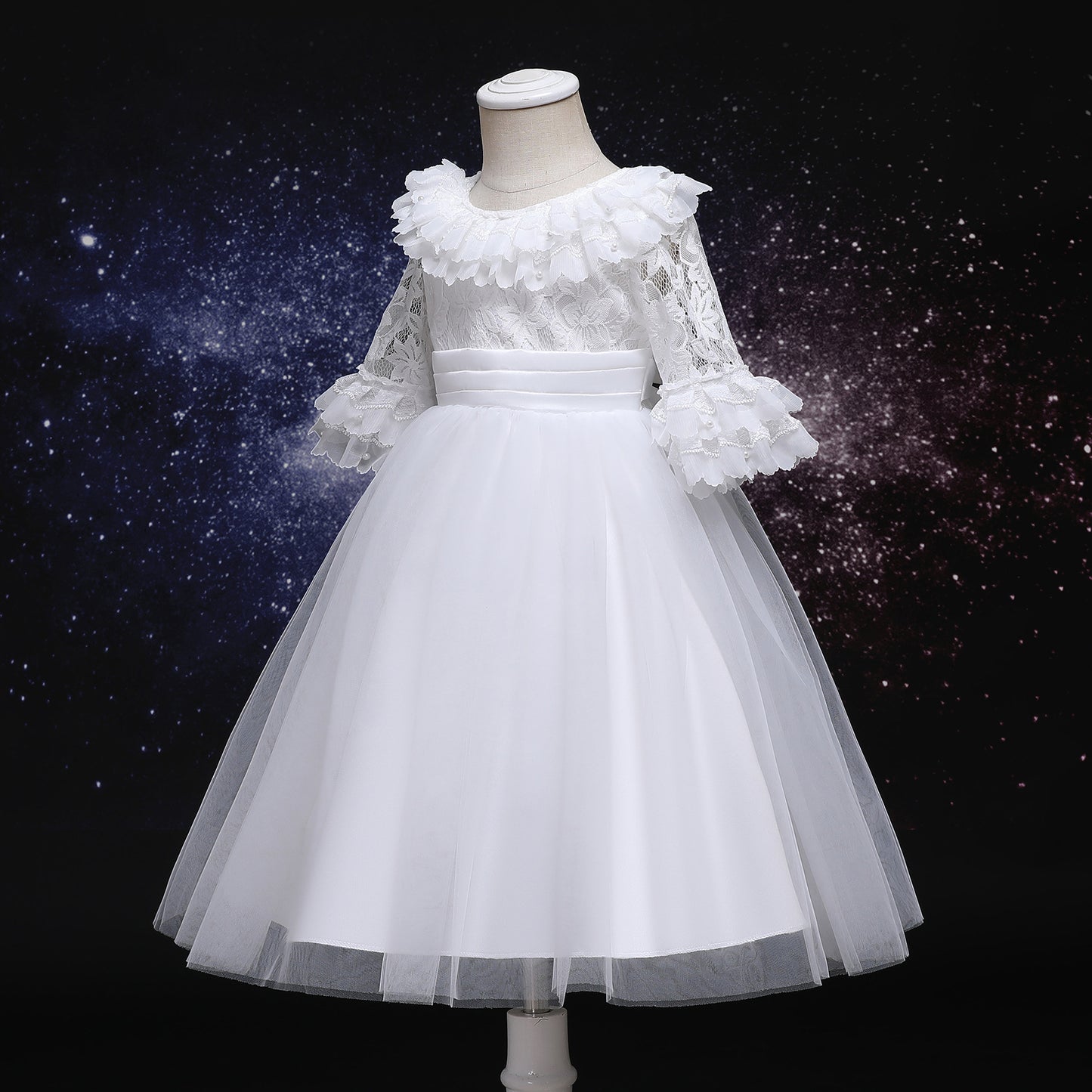 Baby Girls Princess Dress Lace Long Sleeve Snow White One Piece White C666
