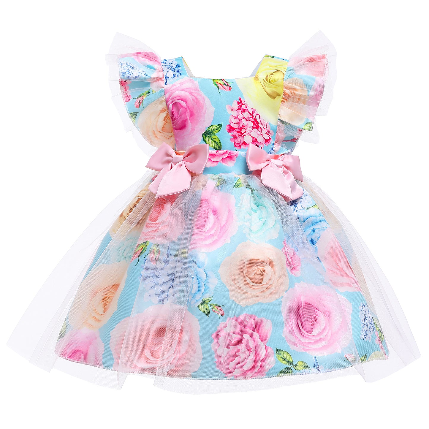 KID FASHION Girls Dress Light Blue New Satin Bow Children's Princess Dress Dress Skirt Gauze Skirt  8315