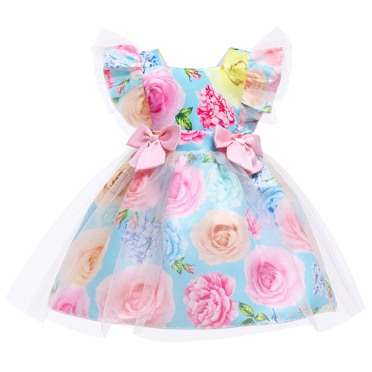 KID FASHION Girls Dress Light Blue New Satin Bow Children's Princess Dress Dress Skirt Gauze Skirt  8315