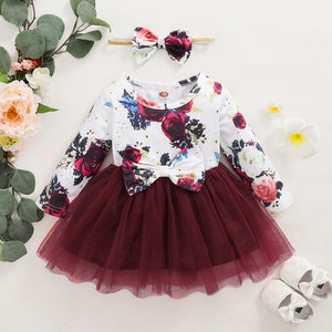 Baby Girls Outfits Floral Print Splice Gauze Dress Headband 2Pcs Clothes YMX2010254