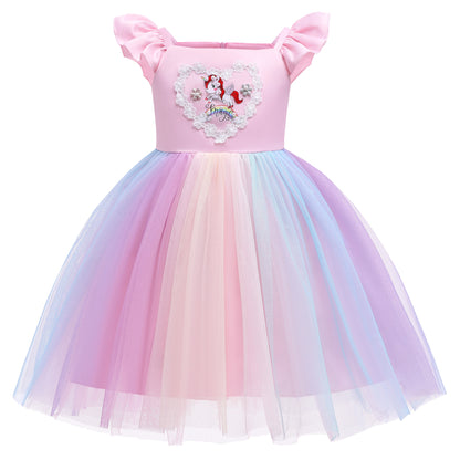 Princess Dress For Unicorn Print Gauze Sleeveless Square Neck Dress Princess One Piece Party Dress ,Pink S840