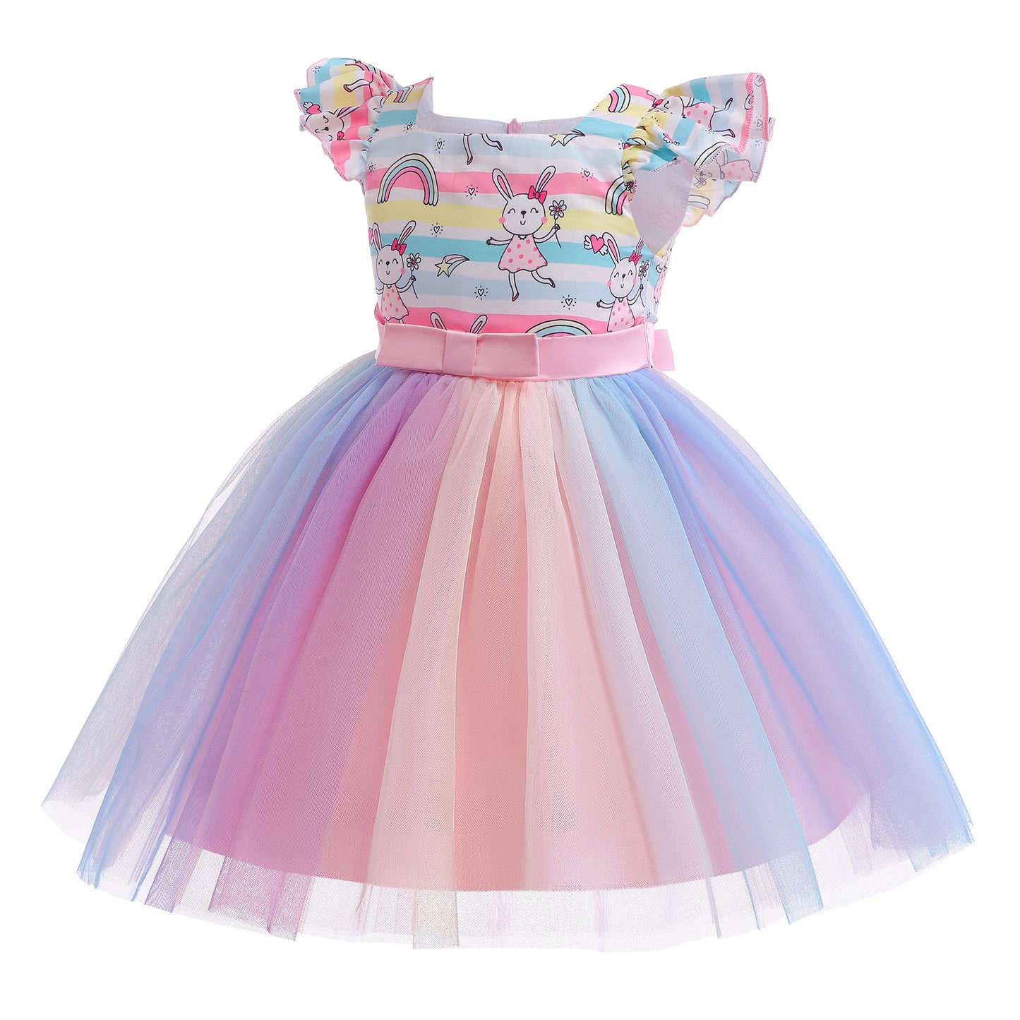 Kids Fashion Princess Dress For Toddler Girls Rainbow Rabbit Gauze Dress One Piece Party Dress ZT-S852