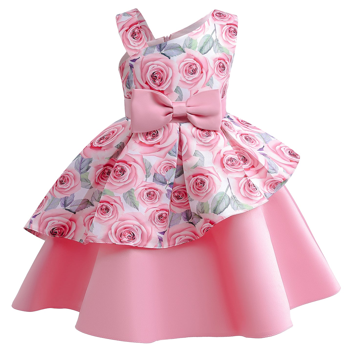 Baby Girls Princess Dress Floral Bow Sloping Shoulder Summer Performance Dress One Piece Party Dress ZT-8576