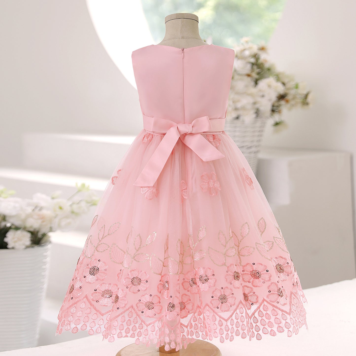 Toddler Baby Girls Princess Dress Floral Embroidery Gauze Sleeveless Round Neck Bow Dress 1PCS Princess Dress 2799