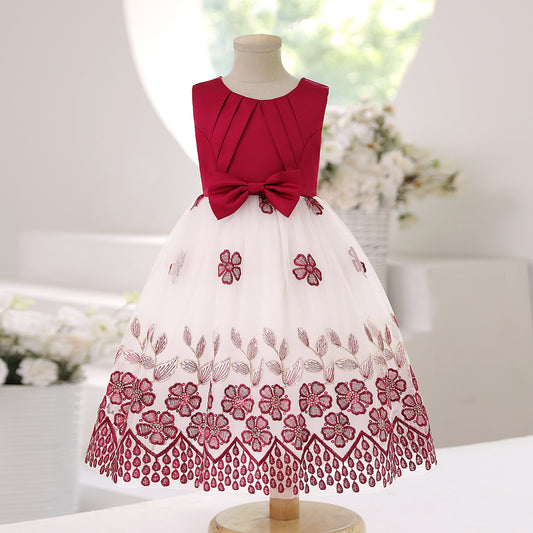 Toddler Baby Girls Princess Dress Floral Embroidery Gauze Sleeveless Round Neck Bow Dress 1PCS Princess Dress 2799