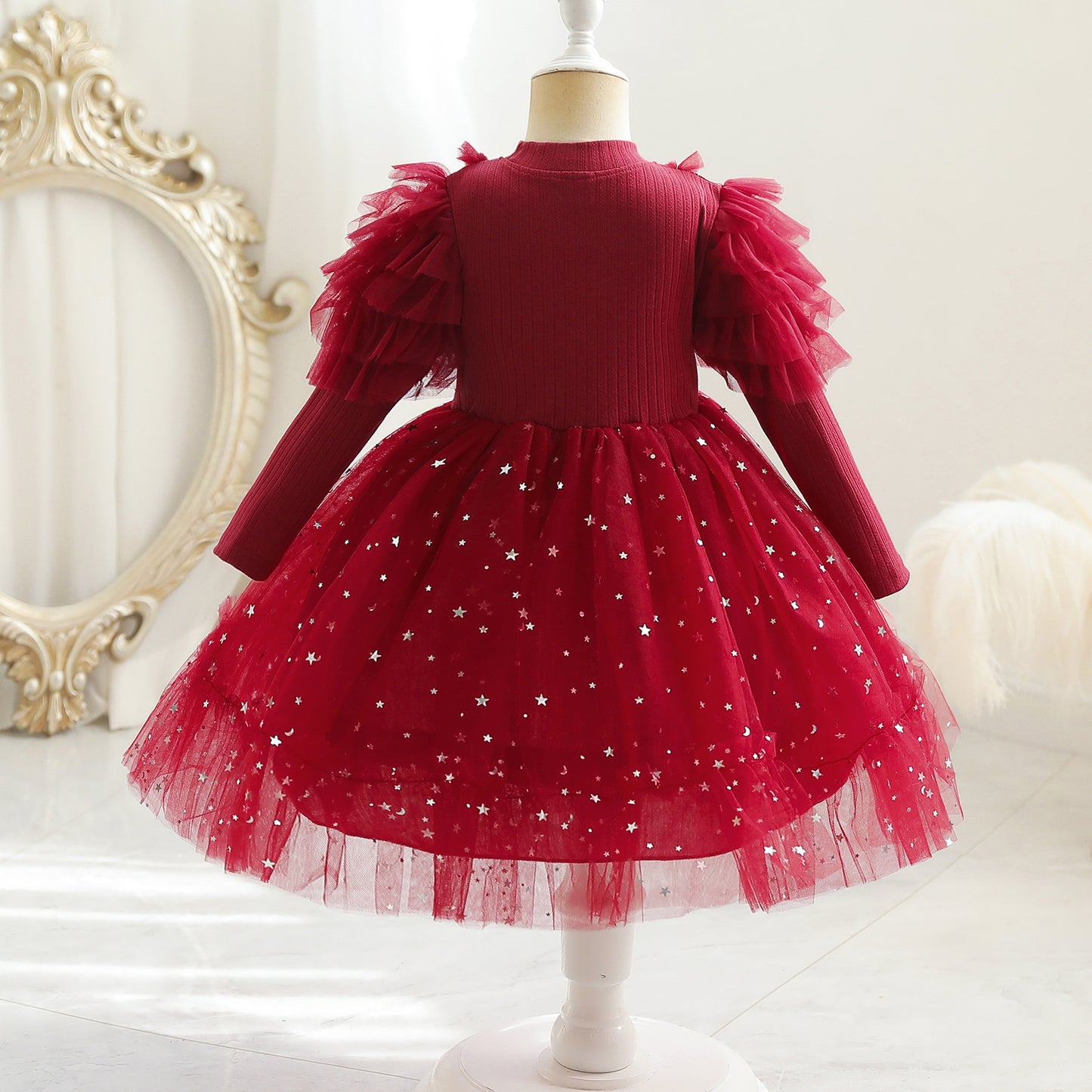 Toddler Baby Girls Princess Dress Star Print Sequins long Sleeve Round Neck Gauze Dress 1PCS Princess Dress Red C888