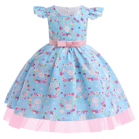 Girls Princess Dress Rabbit Print Floral Print Evening Ruffle Sleeve Dress One Piece Party Feast Dress Blue ZT-2922