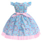 Girls Princess Dress Rabbit Print Floral Print Evening Ruffle Sleeve Dress One Piece Party Feast Dress Blue ZT-2922