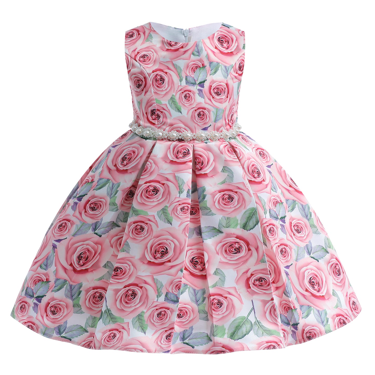 Princess Dress For Girls Rose Print Sleeveless Pearl Summer Performance Dress One Piece Party Dress Pink ZT-8566