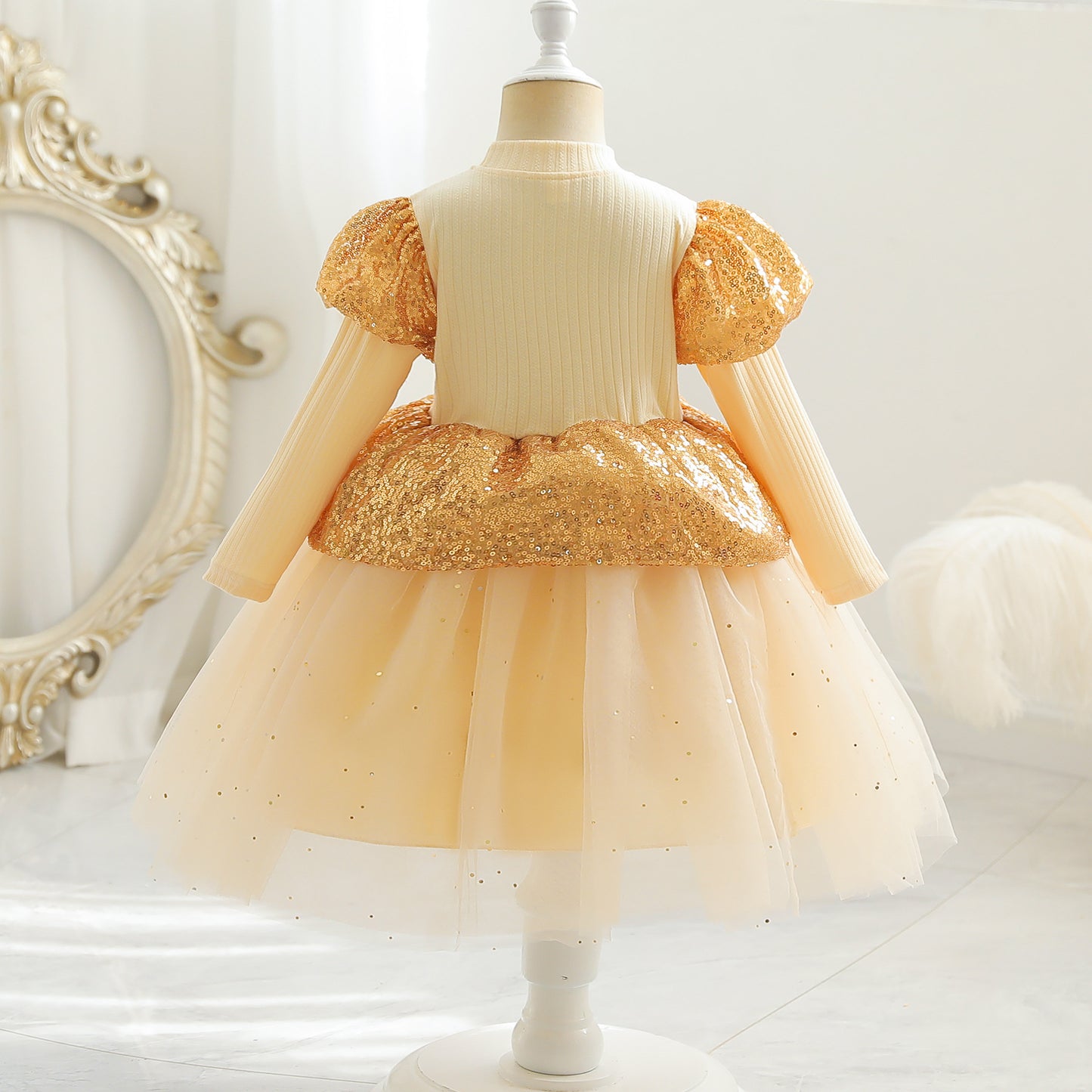 kid fashion Girls Princess Dress Sequins long Sleeve Round Neck Gauze Dress 1PCS Princess Dress Gold C777