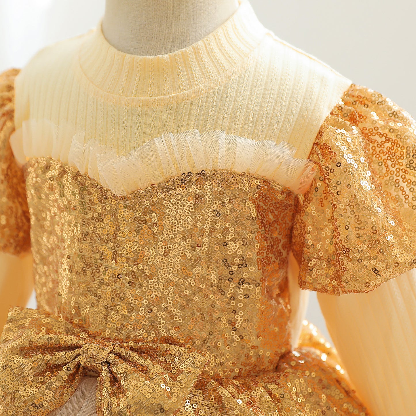 kid fashion Girls Princess Dress Sequins long Sleeve Round Neck Gauze Dress 1PCS Princess Dress Gold C777