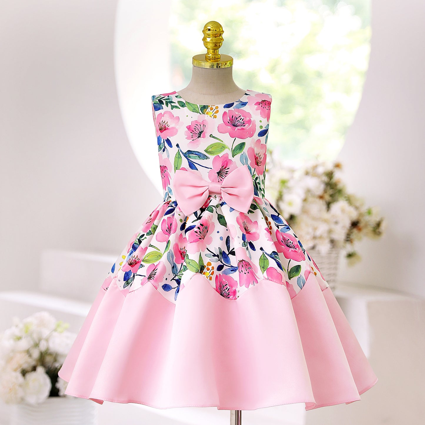 KID FASHION Baby Girls Princess Dress Floral Bow Sleeveless Party One Piece Performance Dress 8042