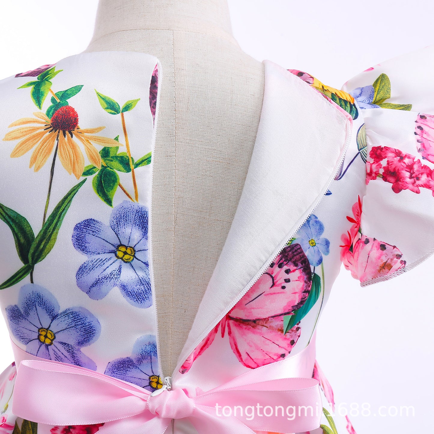 Princess Dress For Girls Butterfly Floral Bow Ruffle Sleeve Dress One Piece Party Dress Pink ZT-8562
