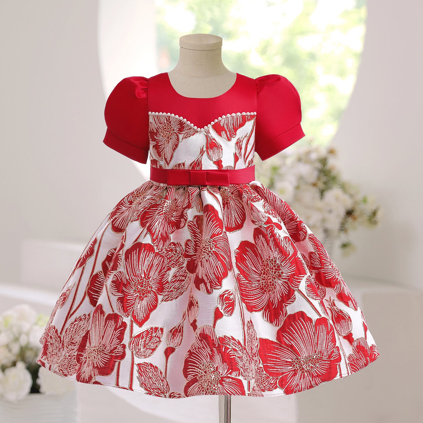 Kids Fashion Girls Princess Dress Embroidery Bubble Sleeve Party One Piece Performacnce Dress Red 2800