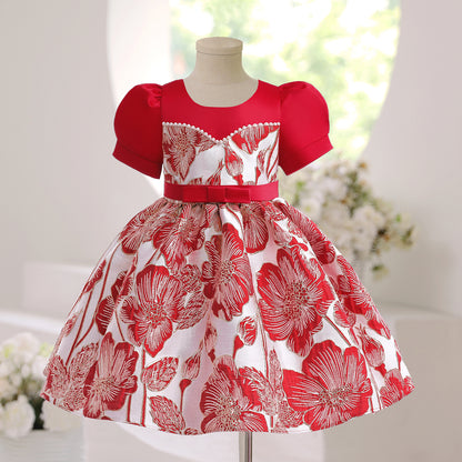 Kids Fashion Girls Princess Dress Embroidery Bubble Sleeve Party One Piece Performacnce Dress Red 2800