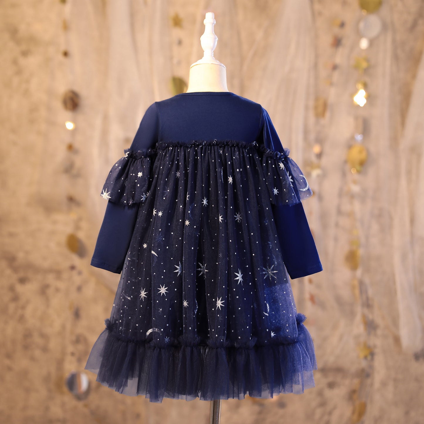 Kids Fashion Princess Dress Girls Star Sequins Long Sleeve Winter Gauze Performance Dress One Piece Party Dress C875