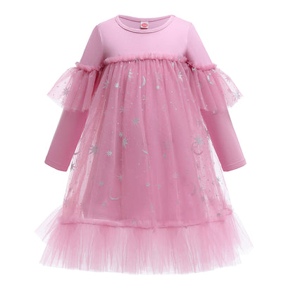Kids Fashion Princess Dress Girls Star Sequins Long Sleeve Winter Gauze Performance Dress One Piece Party Dress C875