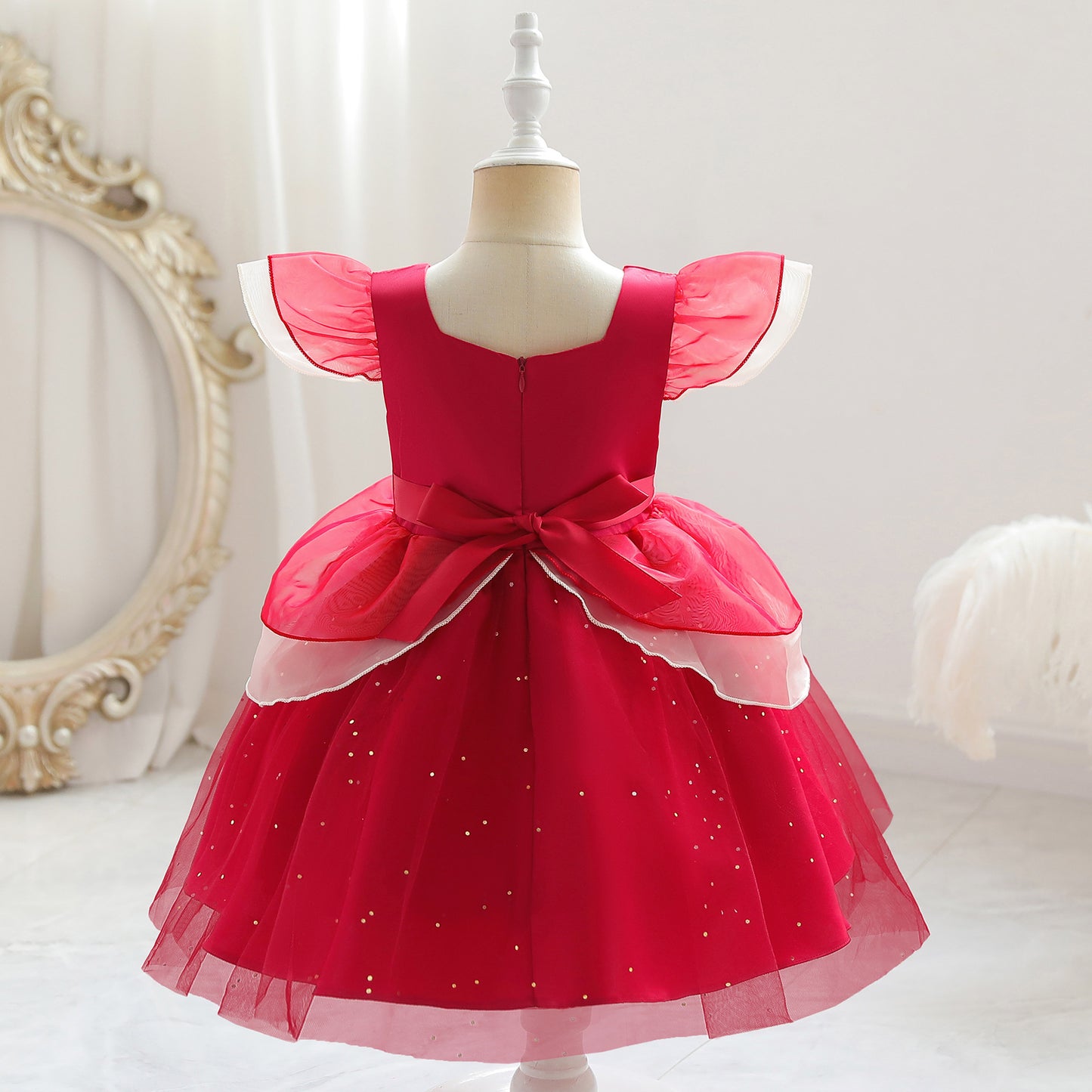 Princess Dress Embroidery Ruffle Sleeve Gauze Dress 1PCS Princess Dress Red 8432