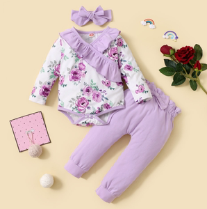 Baby Girls Outfits Purple Color Romper Top Sunflower Print Pants Headband 3Pcs Winter Clothes Set 32105151