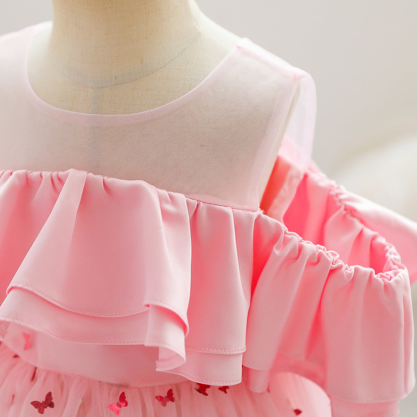 KIDS FASHION Baby Girls Princess Dress Summer Sequin Off The Shoulder Puffy Gauze One Piece Party Dress Pink 8439