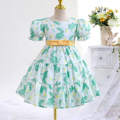 Girls Princess Dress Rabbit Print Floral Print Evening Bubble Sleeve Dress One Piece Party Feast Dress Green ZT-8573