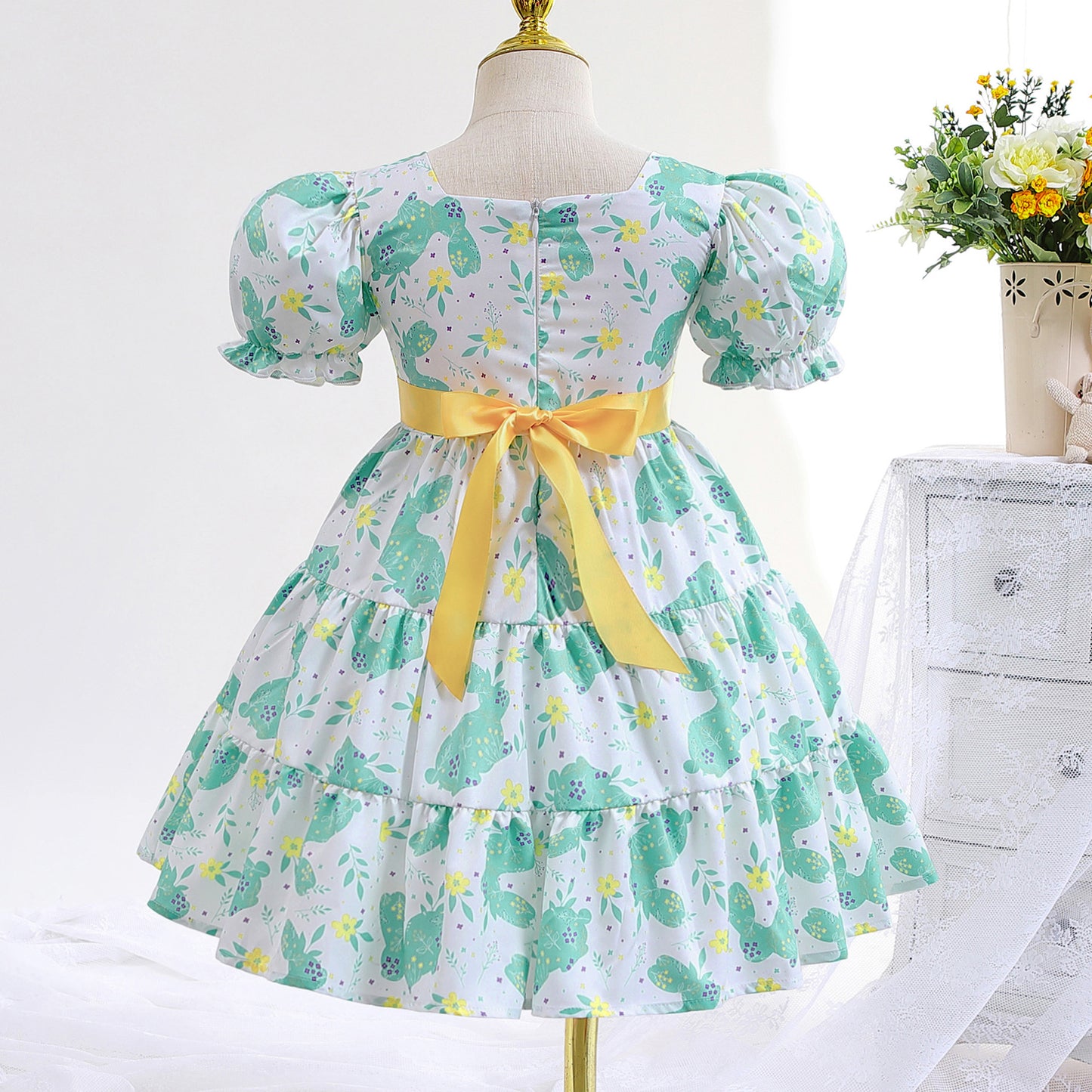 Girls Princess Dress Rabbit Print Floral Print Evening Bubble Sleeve Dress One Piece Party Feast Dress Green ZT-8573