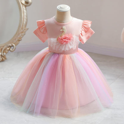 Girls Dress Summer Short Sleeve Pink Cotton Rainbow Puffy Mesh Princess Dress