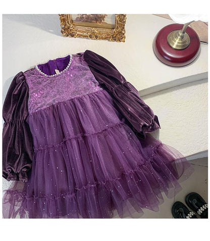 Baby Girls Dress Long Sleeve Princess Gauze One Piece Winter Dress Purple 800030
